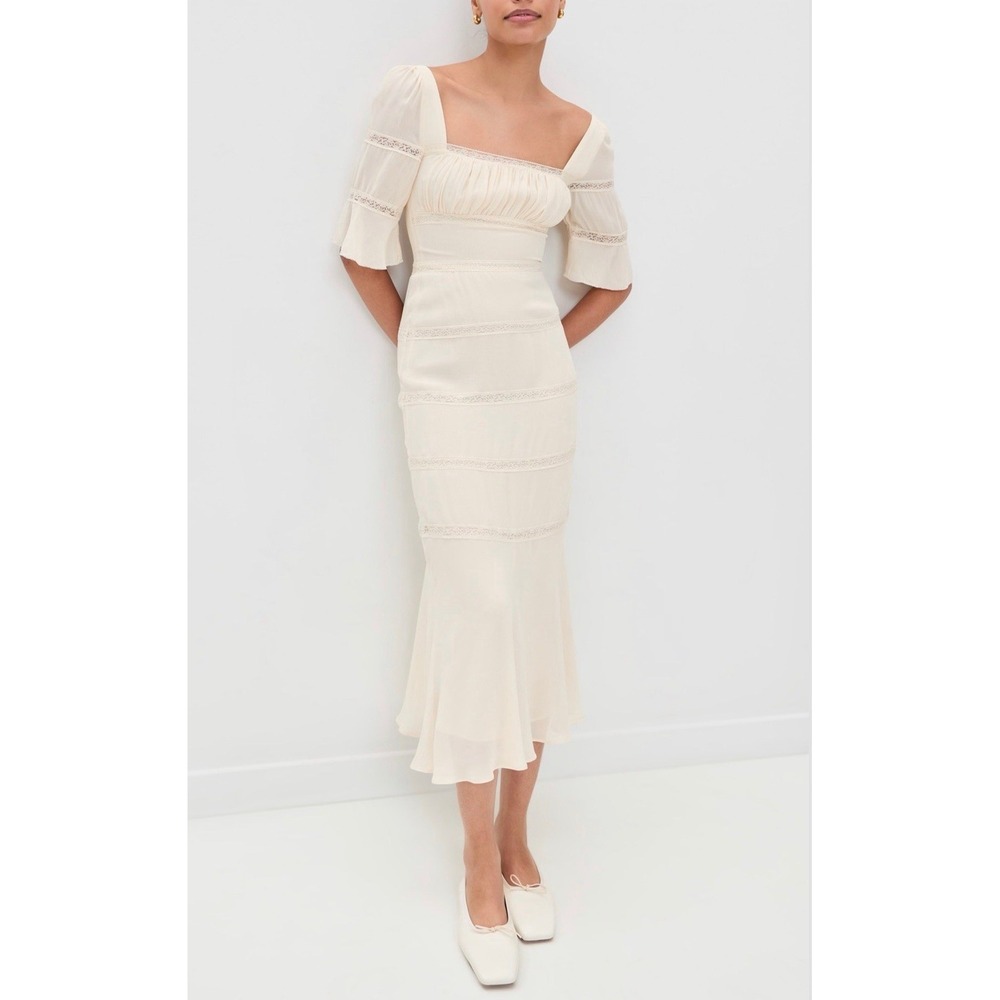 NWOT Reformation Laverna Smocked Bell Sleeve Midi Dress Cream Women's 2